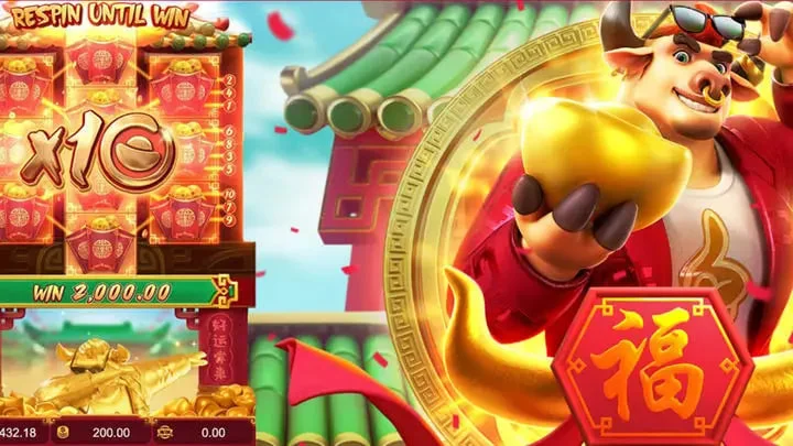 Tela de vitória do slot Fortune Ox com multiplicador x10 ativado e símbolo dourado do touro sorridente segurando uma moeda.