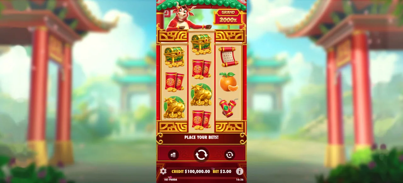 Animação da função "Respin Until Win" do Fortune Ox com destaque para os símbolos dourados e o touro comemorando em frente ao templo.