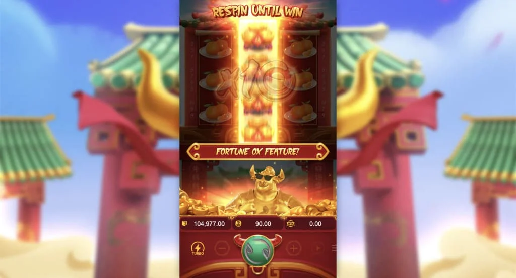 Tela inicial do jogo Fortune Ox mostrando os rolos do slot com símbolos tradicionais chineses em um cenário de templo asiático.